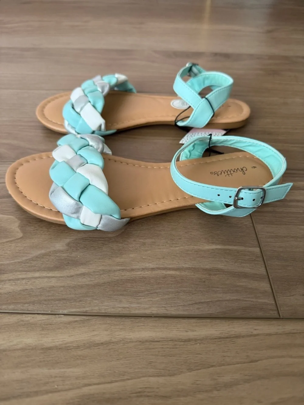Mint, White & Silver Braided Ankle Strap Sandals